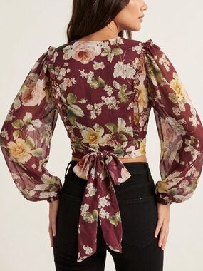 Women's Burgundy Floral Tie-Back Puff Sleeve Blouse